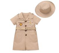 FYMNSI Costume de gardien de zoo pour enfants, bébés, filles, garçons, safari, jungle, explorateur, chercheur, ensemble combinaison une pièce à manches courtes avec chapeau, kaki, 6-12 mois