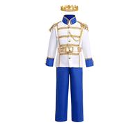 FYMNSI Costume de prince de conte de fées pour enfant garçon - Veste, pantalon, ceinture, couronne, sceptre, ensemble d'Halloween, cosplay, carnaval - Pour 3 à 12 ans, bleu roi, 8-10 ans