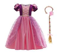 FYMNSI Costume de princesse pour enfant - Robe de cosplay - Costume de conte de fées - Déguisement de carnaval, Halloween, anniversaire - Robe de fête, rose + violet (avec perruque), 3-4 ans