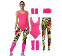 FYMNSI Costume des années 80 pour femme - Tenue d'aérobic - Maillot, leggings, bandeau, brassards - Ensemble de survêtement rétro, rose, L