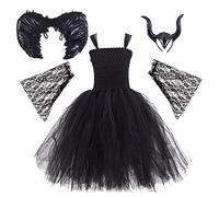 FYMNSI Costume maléficent pour fille, Halloween, carnaval, fête, cosplay, méchant, reine maléfique, déguisement, Noir , 3-4 ans