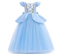 FYMNSI Déguisement de Princesse Cendrillon pour Fille Enfants Cinderella Princesse Costume Halloween Carnaval Cosplay Noël Soirée Cérémonie Robe de Bal Anniversaire Fête Tulle Maxi Robe Bleu 9-10 Ans