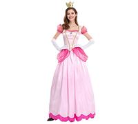 FYMNSI Deguisement Femme Princesse Peach Adulte Mario Cospaly Longue Robe de Bal Ceremonie Soirée Halloween Noël Carnaval Anniversaire Maxi Robe avec Couronne Gants Rose S