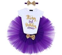 FYMNSI Enfant Bébés Filles C'est Mon 2ème Anniversaire Robe Princesse Manche Courte Barboteuse + Jupe Tutu + Bandeau 2 Ans Fête Vêtements Deuxième Anniversaire Soirée Photographie Tenue Violet