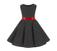 FYMNSI Enfants Fille Robe Années 50 Vintage Imprimée À Pois Fleur Pin Up Audrey Hepburn sans Manches à Col Rond Demoiselle Robe de Soirée Cocktail avec Ceinture Noir + Rouge 7-8 Ans