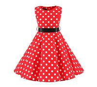 FYMNSI Enfants Fille Robe Années 50 Vintage Imprimée À Pois Fleur Pin Up Audrey Hepburn sans Manches à Col Rond Demoiselle Robe de Soirée Cocktail avec Ceinture Rouge 7-8 Ans