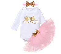 FYMNSI Ensemble 3 pièces pour bébé fille 1er et 2e anniversaire - Robe d'anniversaire - Tutu - Jupe en tulle - Manches longues - Bandeau, rose + flocon de neige doré, 12 mois