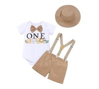 FYMNSI Ensemble de 4 pièces pour bébé garçon 1er anniversaire gâteau de la jungle safari fête barboteuse short Y dos bretelles chapeau, Kaki One, 12-18 mois