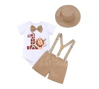 FYMNSI Ensemble de 4 pièces pour bébé garçon 1er anniversaire gâteau de la jungle safari fête barboteuse short Y dos bretelles chapeau, kaki, 9-12 mois