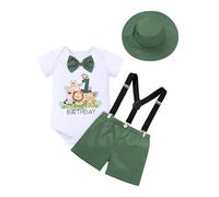 FYMNSI Ensemble de 4 pièces pour bébé garçon 1er anniversaire gâteau de la jungle safari fête barboteuse short Y dos bretelles chapeau, Vert, 9-12 mois