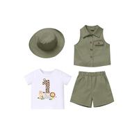 FYMNSI Ensemble de 4 pièces pour bébé garçon Jungle Safari 1er anniversaire Gâteau Smash Costume Zookeeper Costume à manches courtes T-shirt Gilet Short avec chapeau, vert militaire, 9-12 mois