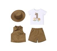 FYMNSI Ensemble de 4 pièces pour bébé garçon Jungle Safari 1er anniversaire Gâteau Smash Costume Zookeeper Costume à manches courtes T-shirt Gilet Short avec chapeau, marron, 12-18 mois