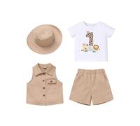 FYMNSI Ensemble de 4 pièces pour bébé garçon Jungle Safari 1er anniversaire Gâteau Smash Costume Zookeeper Costume à manches courtes T-shirt Gilet Short avec chapeau, kaki, 12-18 mois