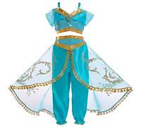 FYMNSI Fille Aladin Robe Princesse Jasmine Cosplay Costume Enfant Paillette Crop Top Pantalon Bandeau Paon Imprimé Tulle Cape Outfit Carnaval Noël Halloween Anniversaire Déguisement Bleu 03 11-12 Ans