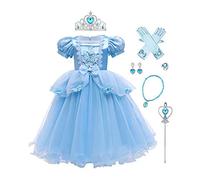 FYMNSI Fille Robe de Princesse Cendrillon Costume Enfants Manches Courtes Bouffante Dentelle Tutu Tulle Robe Longue Bleu Déguisements Carnaval Cosplay Halloween Noël avec Accessoires Bleu 9-10 Ans