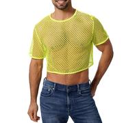 FYMNSI Haut court en résille pour homme - Sexy - En maille - Transparent - Manches courtes - Pour muscle, Vert fluo, XL