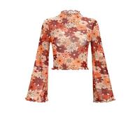 FYMNSI Haut en maille pour femme - Top en mesh transparent - Motifs floraux boho - Blouses hippie années 70 - Col roulé - Manches cloche - Tunique, marron, M