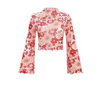 FYMNSI Haut en maille transparente pour femme - Style bohème - Style hippie des années 70 - Col roulé - Manches cloches - Tunique, rouge, S