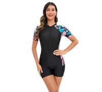 FYMNSI Maillot de bain pour femme avec short à fermeture éclair Rash Guard Protection UV UPF 50+ Maillot de bain sportif Maillot de bain Surf, Noir + feuille rose, L