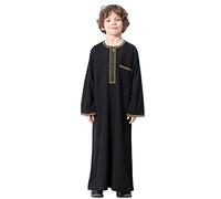 FYMNSI Musulman Garçons Robe Enfants Abaya Caftan Islamique Vêtements de prière Arabe Moyen-Orient Dubaï Manches Longues Jubba Thobe Zipper Robes, Noir , 9-10 Ans