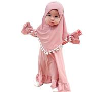 FYMNSI Nouveau-n? Robe de Pri?re pour B?b? Fille, V?tements Musulmans pour Enfants Abaya ? Manches Longues avec Hijab Maxi Ensemble Robe Islamique Kaftan Moyen Orient Arabe Dubai Robe Rose 0-6 Mois