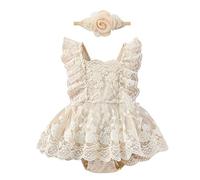FYMNSI Nouveau-Né Bébé Fille Dentelle Barboteuse à Volants Sans Manches Body Une Pièce Princesse Body Tutu Robe Avec Fleur Bandeau 1Er Anniversaire Tenue Baptême Photoshoot Costumes Abricot 0-3 Mois