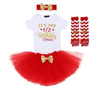 FYMNSI Nouveau-né Bébés Filles C'est Mon 1/2 Demi Anniversaire Tenue Manche Courte Barboteuse + Princesse Jupe Tutu + Bandeau + Jambière 4pcs 6 Mois Fête Vêtements Accessoires Photo Rouge