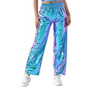 FYMNSI Pantalon de jogging métallique brillant pour femme années 80 90 cuir verni aspect mouillé Hip Hop Clubwear Holographique Rave Pantalon de jogging S-XXL, Laser bleu., XL