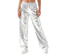 FYMNSI Pantalon de jogging métallisé brillant pour femme années 80 et 90 - En cuir verni - Aspect mouillé - Hip Hop Clubwear - Holographique - Taille S à XXL, argenté, S