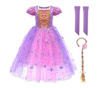FYMNSI Raiponce - Costume pour enfant fille - Princesse Sofia - Robe maxi à paillettes avec gants - Perruque pour carnaval, Halloween, Noël, anniversaire - Violet - 7-8 ans