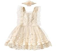 FYMNSI Robe de baptême pour bébé fille,Robe en dentelle,Style bohème,Pour nouveau-né,Costume de séance photo,Sans manches,Robe de princesse en tulle, Abricot + bandeau, 6-12 mois