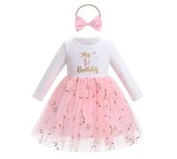 FYMNSI Robe de bébé fille Mon Premier Anniversaire en coton à manches longues avec jupe en tulle, nœud et bandeau - Tenue pour séance photo - Automne Hiver, Rose, 12-18 mois
