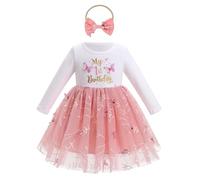 FYMNSI Robe de bébé fille Mon Premier Anniversaire en coton à manches longues avec jupe en tulle, nœud et bandeau - Tenue pour séance photo - Automne Hiver, Rose foncé, 12-18 mois