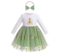 FYMNSI Robe de bébé fille Mon Premier Anniversaire en coton à manches longues avec jupe en tulle, nœud et bandeau - Tenue pour séance photo - Automne Hiver, Vert sauge, 9-12 mois