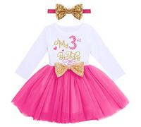FYMNSI Robe de fête en coton à manches longues pour bébé fille avec bandeau, Rose - Mon 3ème anniversaire, 3 Years