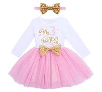 FYMNSI Robe de fête en coton à manches longues pour bébé fille avec bandeau, Rose - Mon 3ème anniversaire, 3 Years