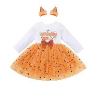 FYMNSI Robe de fête pour bébé fille 1er / 2e / 3e anniversaire - Tutu à pois - Robe de princesse à manches longues - Robe en tulle avec pince à cheveux, Orange, 3-4 Years