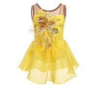 FYMNSI Robe de patinage artistique pour filles avec paillettes et fleurs - Robe de ballet en mousseline sans manches - Costume de gymnastique et de danse pour 3-12 ans, jaune, 7-8 ans