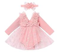 FYMNSI Robe de princesse pour bébé fille - 1 an - Col en V - Manches longues - Avec bandeau - Robe d'automne - Pour nouveau-né - Pour séance photo, Flocon de neige rose, 0-6 mois