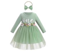 FYMNSI Robe en tulle à manches longues pour bébé fille avec nœud et bandeau pour séance photo - Automne et hiver, vert, 9-12 mois