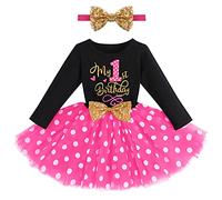FYMNSI Robe en Tulle à Manches Longues pour Bébé Fille - Mon 1er/2e/3e Anniversaire, Princesse en Coton avec Bandeau, Tenue de Séance Photo, Costume Noir + Rose - 1er