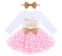 FYMNSI Robe en Tulle à Manches Longues pour Bébé Fille - Mon 1er/2e/3e Anniversaire - Robe de Princesse en Coton avec Bandeau - Tenue de Séance Photo - Costume à Pois Roses - Mon 2e