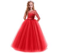 FYMNSI Robe Enfant Fille Ceremonie Anniversaire de Princesse d'honneur Mariage Bowknot Manches 3/4 Longue en Dentelle Robe Tutu Tulle de Soirée Bal Partie Formelle Carnaval Rouge 9-10 Ans