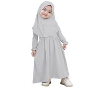 FYMNSI Robe musulmane pour bébé fille - Robe maxi Abaya avec hijab - Robe de prière islamique unie - Deux pièces, gris, 2-3 ans