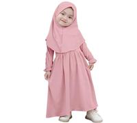 FYMNSI Robe musulmane pour bébé fille - Robe maxi Abaya avec hijab - Robe de prière islamique unie - Deux pièces, Rose, 2-3 ans