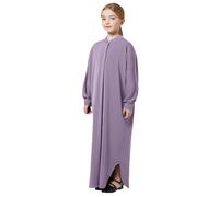 FYMNSI Robe musulmane pour filles, tenue de prière islamique pour enfants, chemise Henley boutonnée, caftan une pièce, violet clair, 4-5 ans