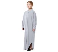 FYMNSI Robe musulmane pour filles, tenue de prière islamique pour enfants, chemise Henley boutonnée, caftan une pièce, gris clair, 7 ans