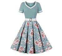 FYMNSI Robe rockabilly des années 50 pour femme - Avec ceinture - Manches courtes - Robe midi - Robe de cocktail, Fleurs vertes., M