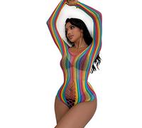 FYMNSI Robe transparente arc-en-ciel en maille à poisson pour femme, body en maille colorée pour festival rave, gogo, vêtements de club, lingerie de nuit, Taille unique