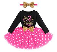 FYMNSI Robe tutu à manches longues pour bébé fille avec nœud et bandeau 2 pièces, Noir + rose vif - 2ème anniversaire, 2 ans